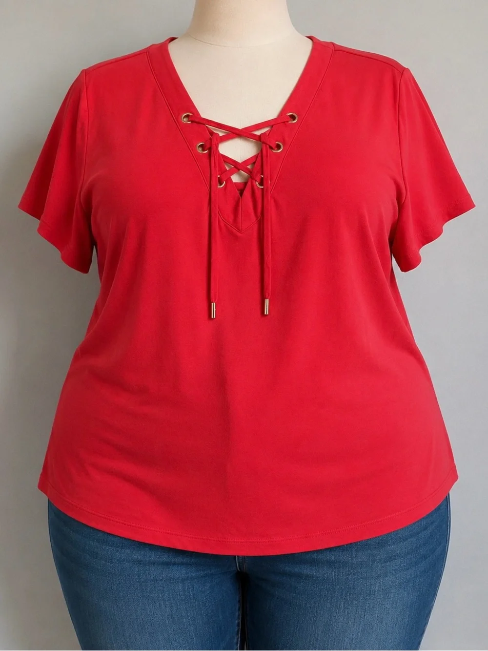 Michael Kors Coral Lace-Up V-Neck Short Sleeve Top